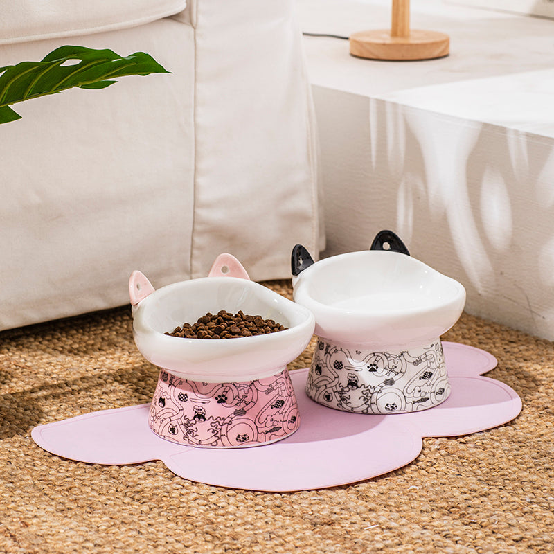 KFX-8798525 Elevated Ceramic Cat Bowl with Anti-Overturn Design and Cat Ear Spoons
