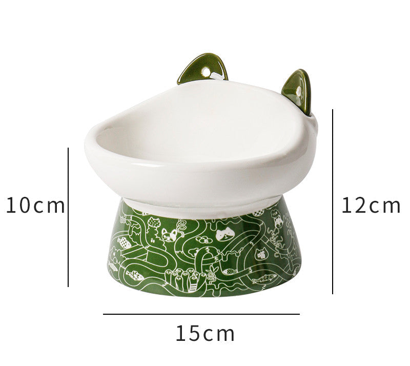 KFX-8798525 Elevated Ceramic Cat Bowl with Anti-Overturn Design and Cat Ear Spoons