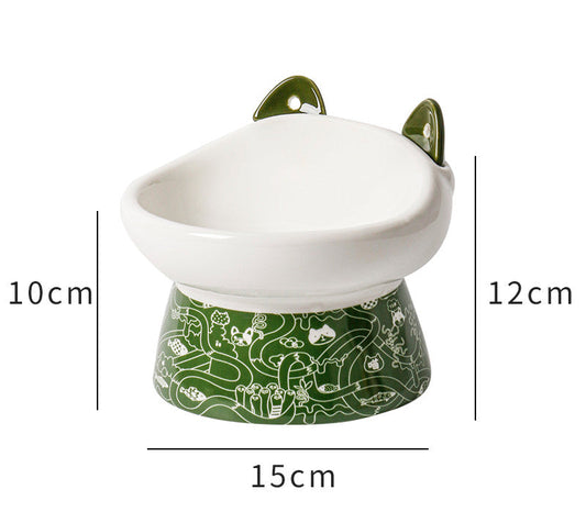 KFX-8798525 Elevated Ceramic Cat Bowl with Anti-Overturn Design and Cat Ear Spoons