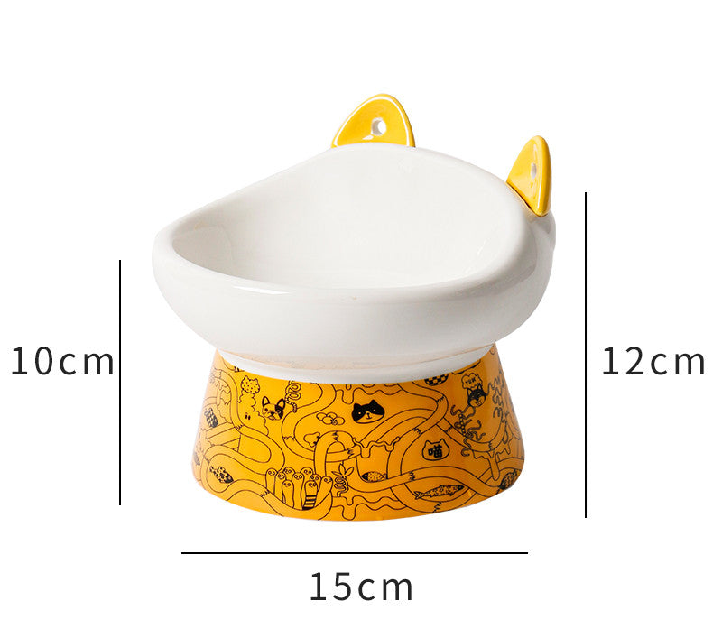KFX-8798525 Elevated Ceramic Cat Bowl with Anti-Overturn Design and Cat Ear Spoons