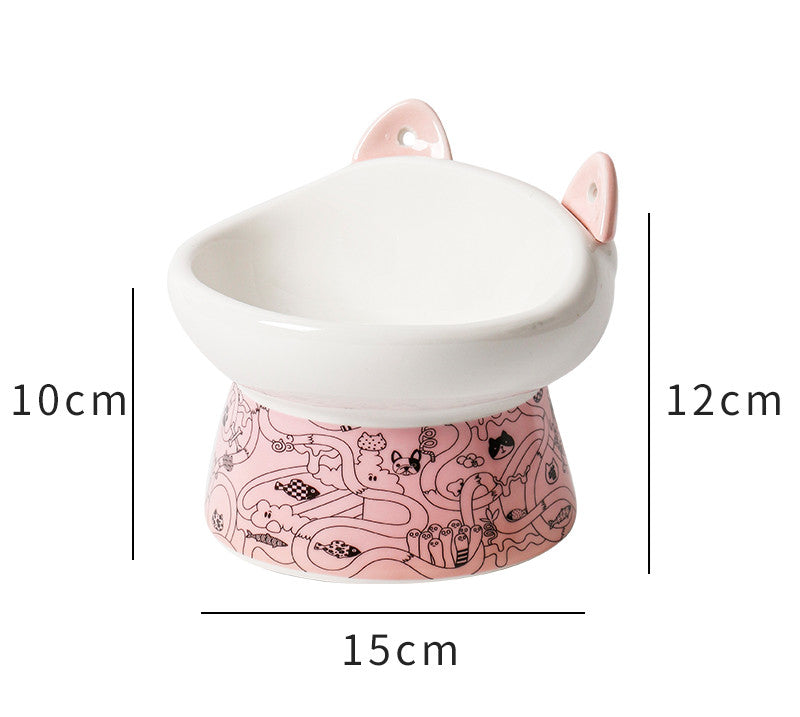 KFX-8798525 Elevated Ceramic Cat Bowl with Anti-Overturn Design and Cat Ear Spoons