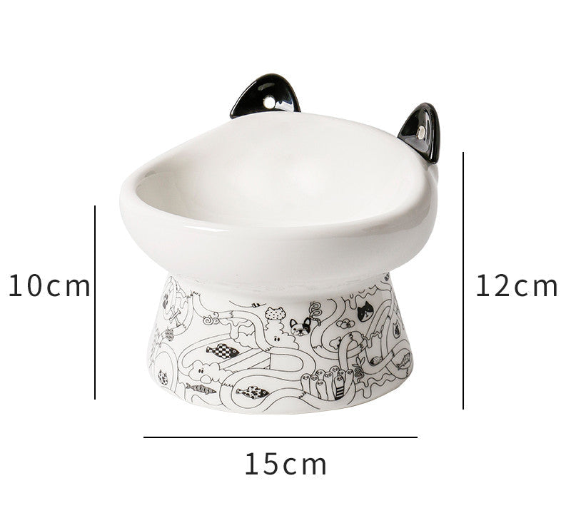 KFX-8798525 Elevated Ceramic Cat Bowl with Anti-Overturn Design and Cat Ear Spoons