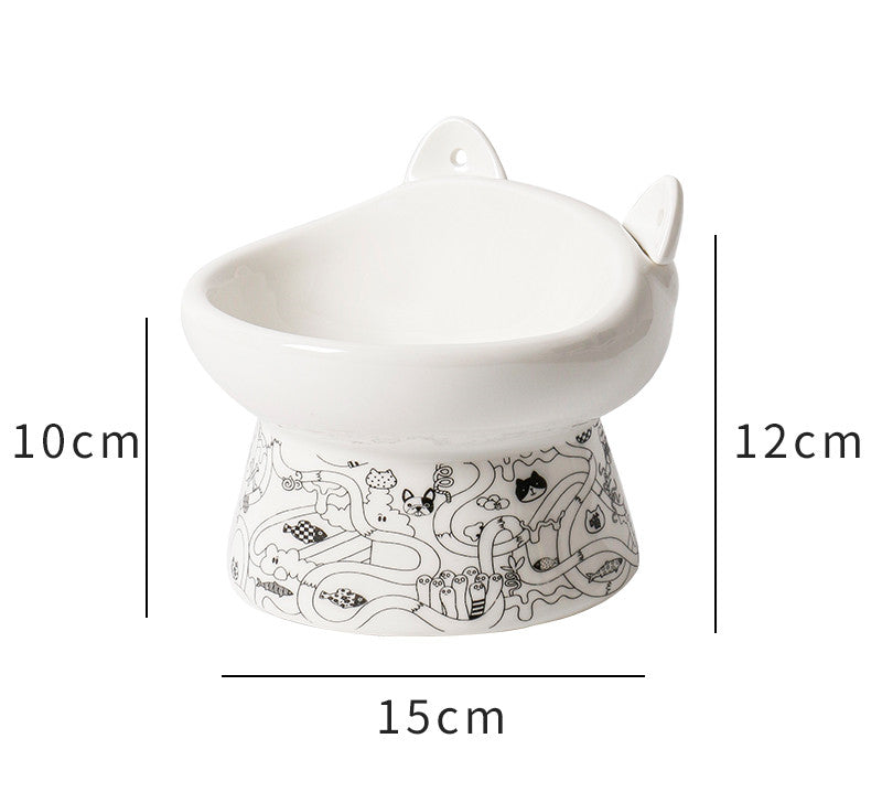 KFX-8798525 Elevated Ceramic Cat Bowl with Anti-Overturn Design and Cat Ear Spoons