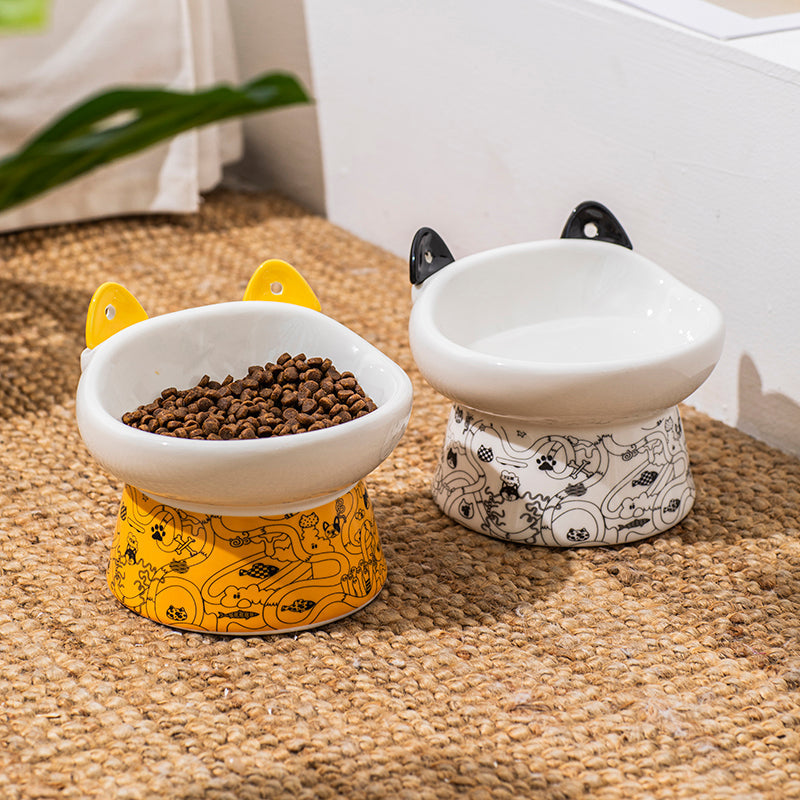 KFX-8798525 Elevated Ceramic Cat Bowl with Anti-Overturn Design and Cat Ear Spoons