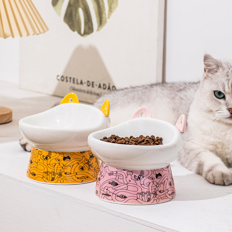 KFX-8798525 Elevated Ceramic Cat Bowl with Anti-Overturn Design and Cat Ear Spoons