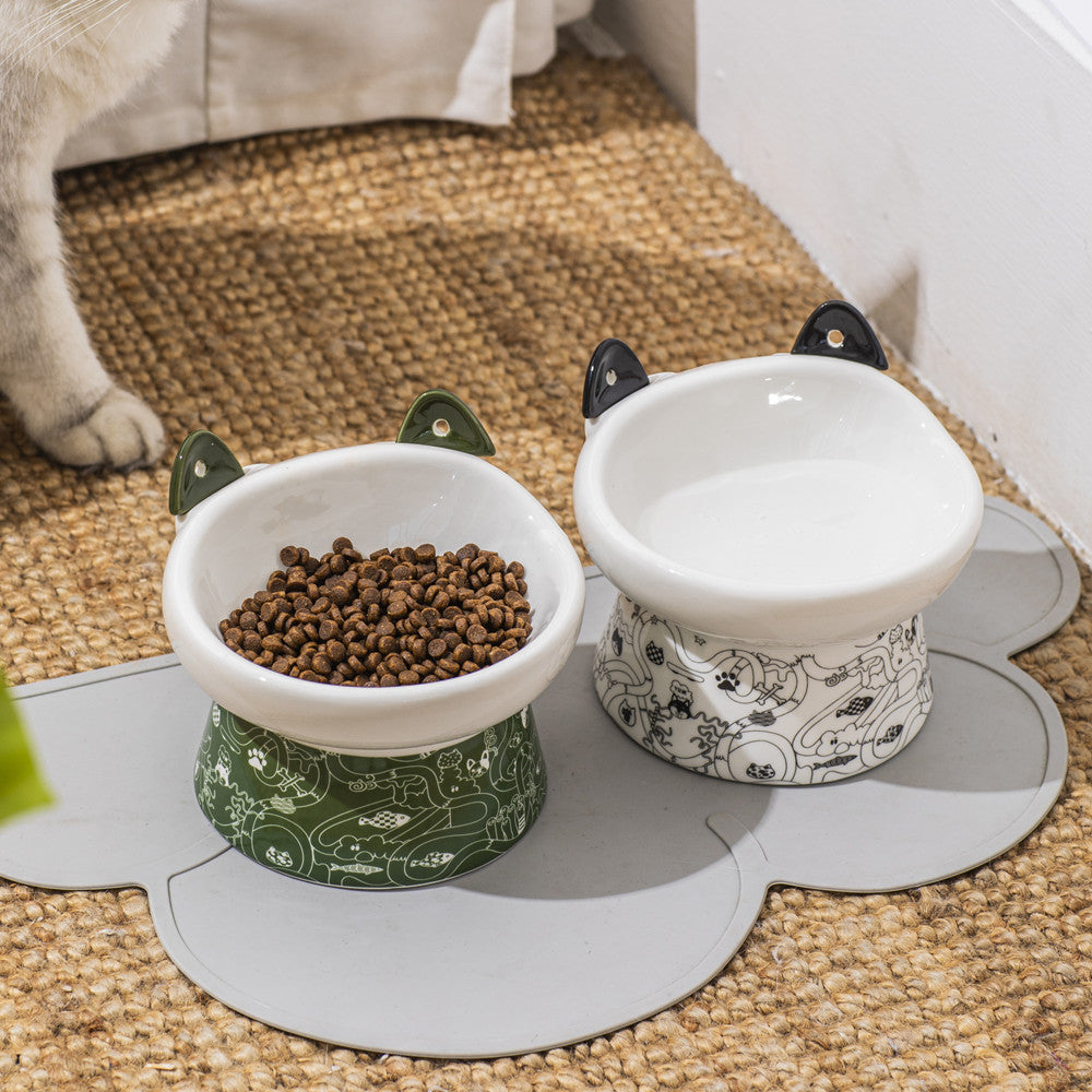 KFX-8798525 Elevated Ceramic Cat Bowl with Anti-Overturn Design and Cat Ear Spoons