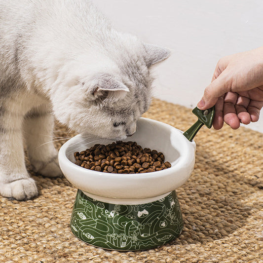 KFX-8798525 Elevated Ceramic Cat Bowl with Anti-Overturn Design and Cat Ear Spoons