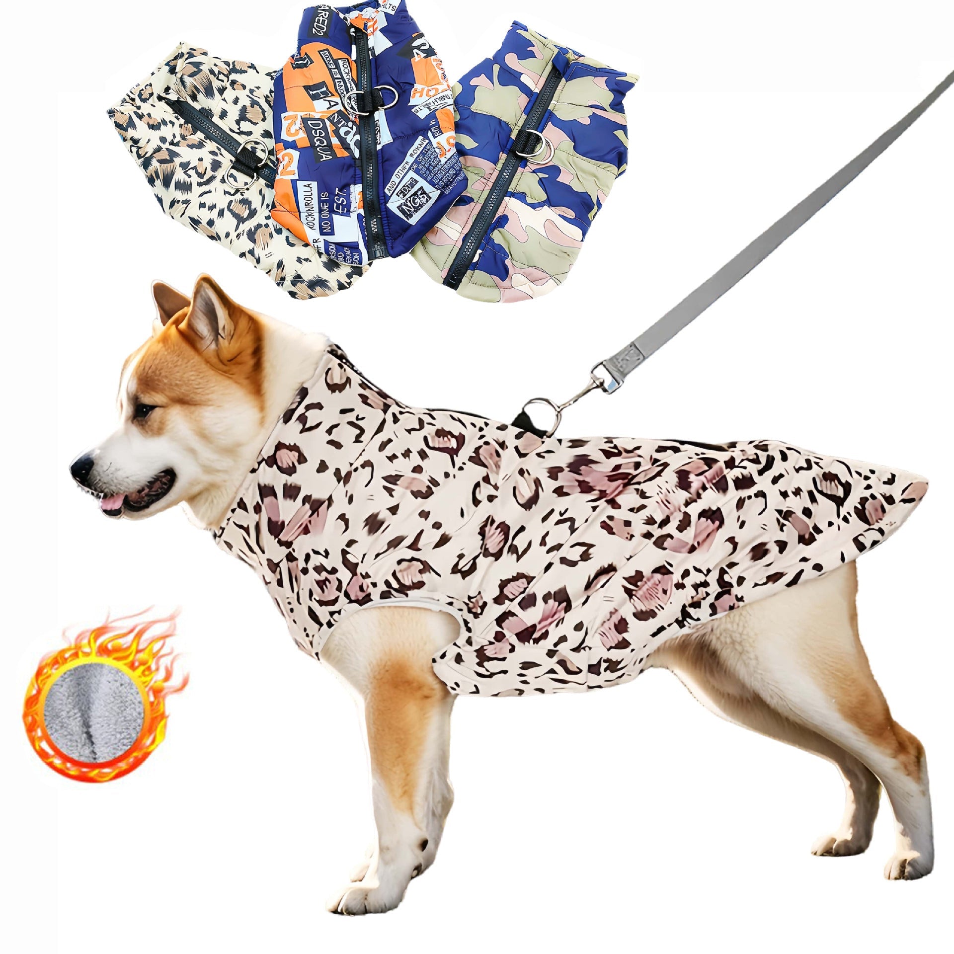 KFX-8798909 Waterproof Cotton-Padded Pet Coat with Zipper - Dark Blue, Leopard Print, Camouflage Options in Multiple Sizes