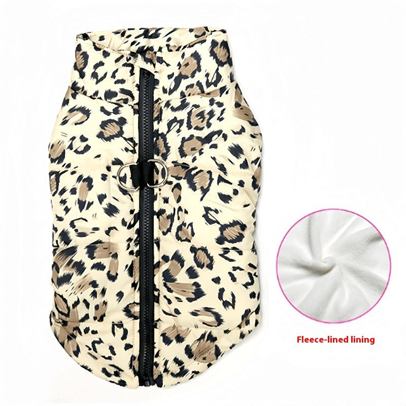 KFX-8798909 Waterproof Cotton-Padded Pet Coat with Zipper - Dark Blue, Leopard Print, Camouflage Options in Multiple Sizes