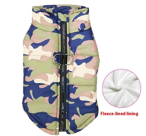 KFX-8798909 Waterproof Cotton-Padded Pet Coat with Zipper - Dark Blue, Leopard Print, Camouflage Options in Multiple Sizes