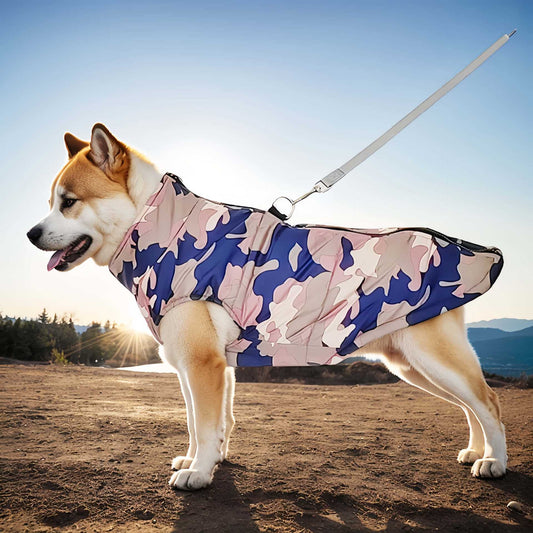 KFX-8798909 Waterproof Cotton-Padded Pet Coat with Zipper - Dark Blue, Leopard Print, Camouflage Options in Multiple Sizes
