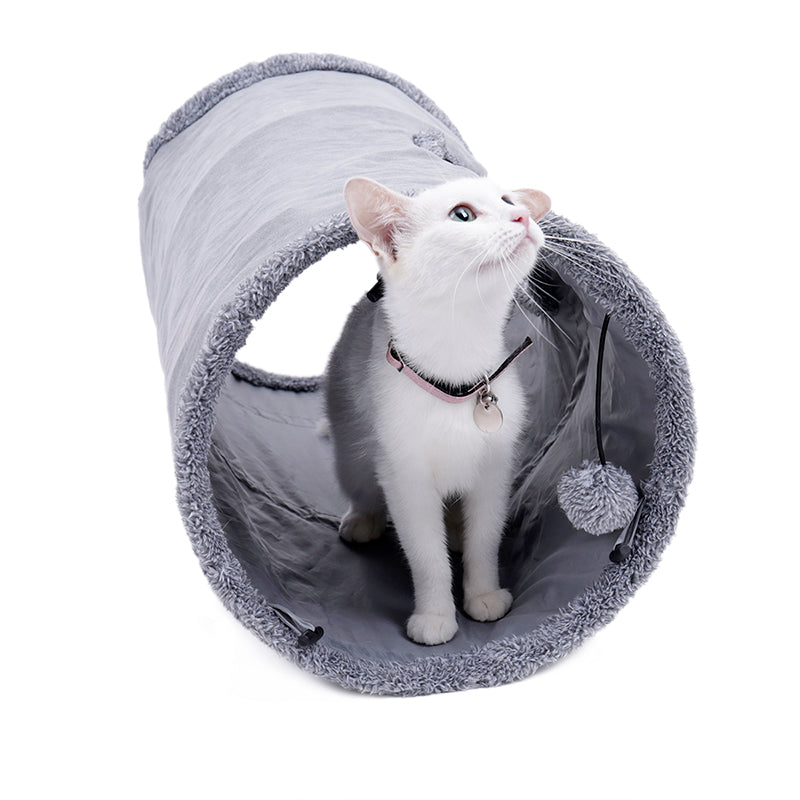 KFX-8808893 Collapsible Soft Suede Cat Tunnel for Kittens and Small Pets - Grey, Two Sizes Available