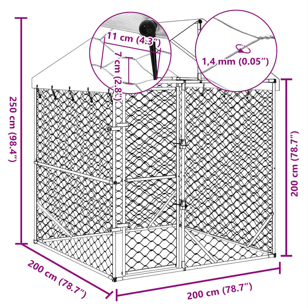 KFX-8809149 Spacious Outdoor Dog Kennel with Roof, Galvanized Steel, 2x2x2.5 m
