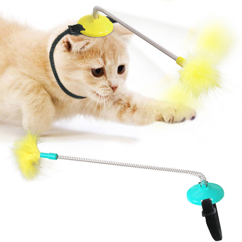 KFX-8810685 Self-Healing Plush Cat Collar Toy with Spring Foot and Tap Tease Feature - Lake Blue and Yellow, 23.7x5x11.1cm