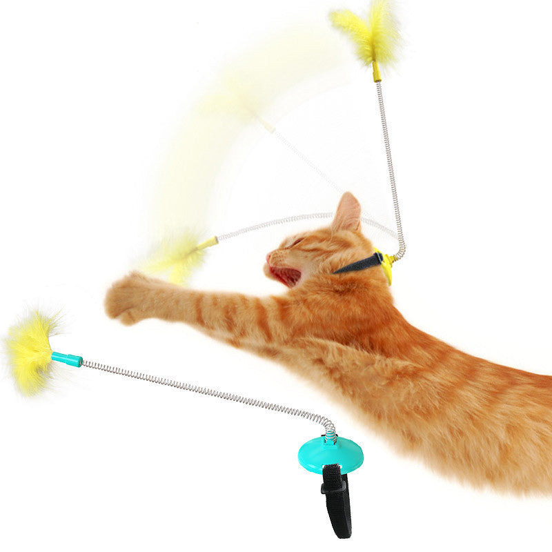 KFX-8810685 Self-Healing Plush Cat Collar Toy with Spring Foot and Tap Tease Feature - Lake Blue and Yellow, 23.7x5x11.1cm