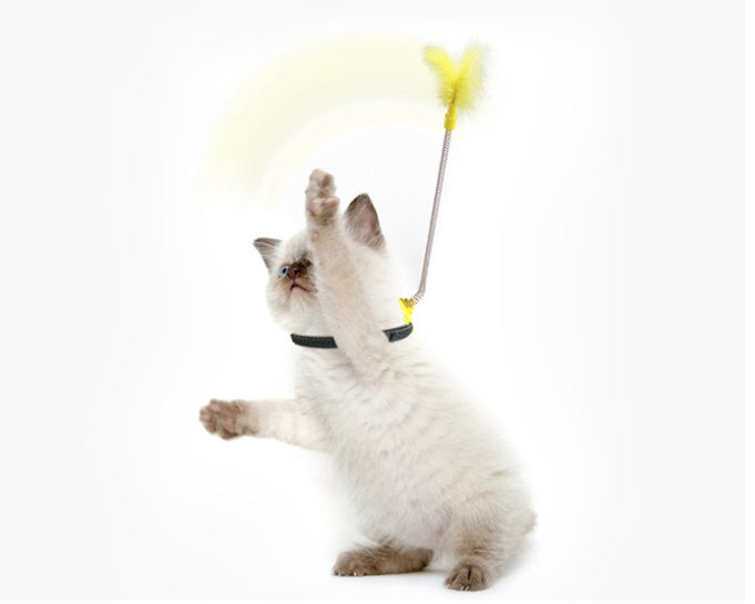 KFX-8810685 Self-Healing Plush Cat Collar Toy with Spring Foot and Tap Tease Feature - Lake Blue and Yellow, 23.7x5x11.1cm