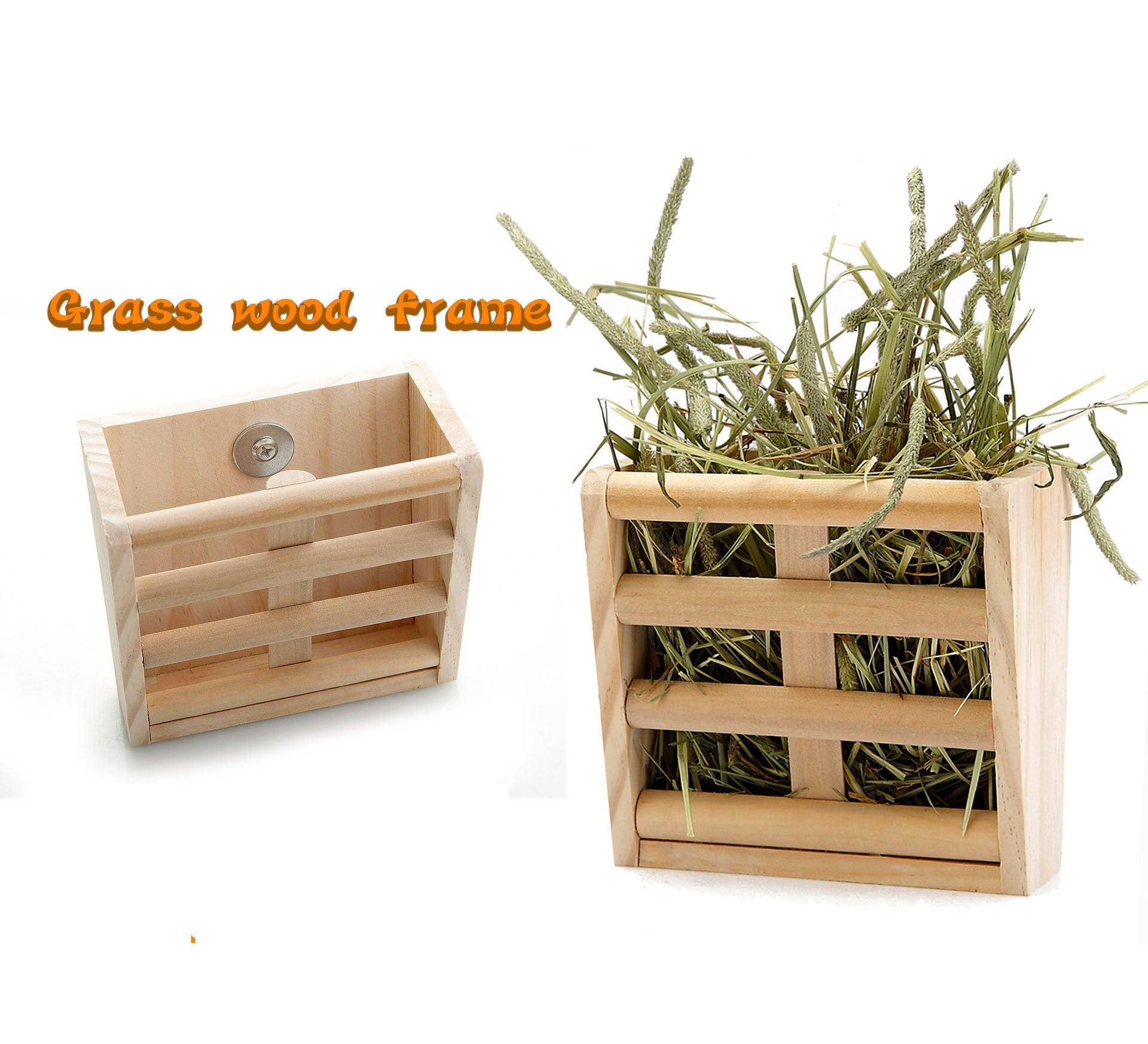 KFX-8813629 Wooden Grass Rack and Food Box for Rabbits and Chinchillas - Space-Saving Design, Non-Toxic Material