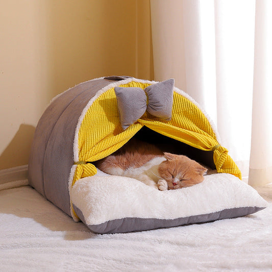 KFX-8813885 Semi-Enclosed All-Season Cat Nest in Creamy Yellow and Brown with Random Mat Design