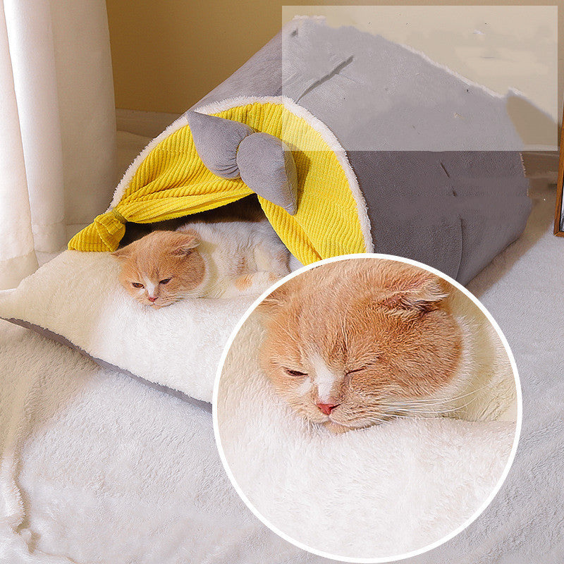 KFX-8813885 Semi-Enclosed All-Season Cat Nest in Creamy Yellow and Brown with Random Mat Design