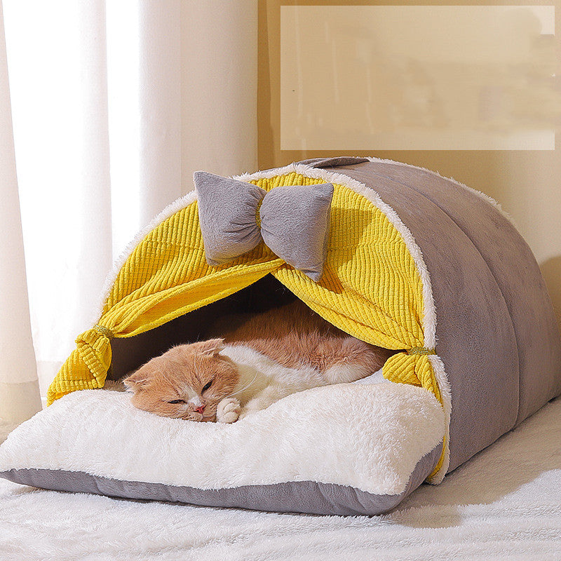 KFX-8813885 Semi-Enclosed All-Season Cat Nest in Creamy Yellow and Brown with Random Mat Design