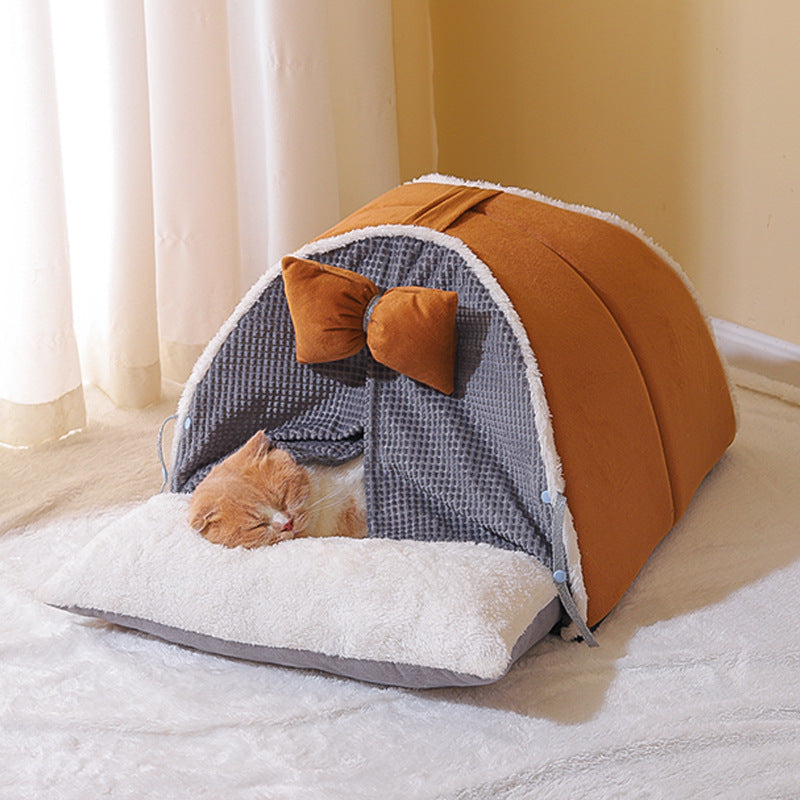 KFX-8813885 Semi-Enclosed All-Season Cat Nest in Creamy Yellow and Brown with Random Mat Design