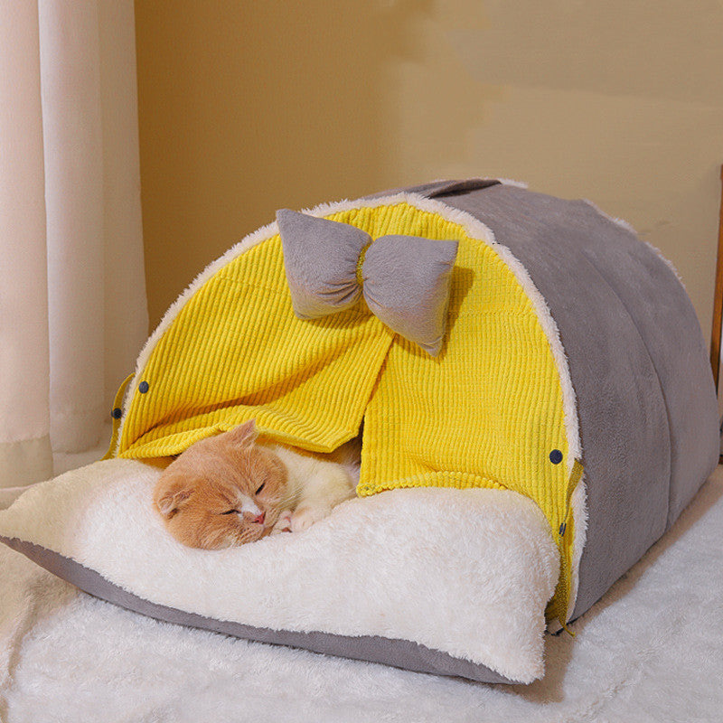 KFX-8813885 Semi-Enclosed All-Season Cat Nest in Creamy Yellow and Brown with Random Mat Design