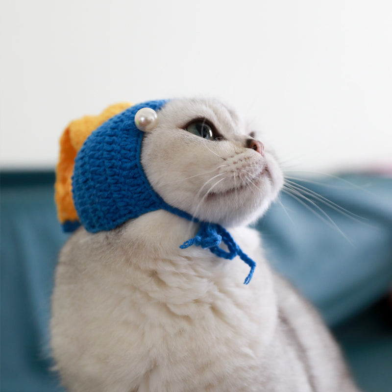 KFX-8814653 Pearl Girl Cat Hat - Handcrafted Pet Costume for Kittens and Adult Cats