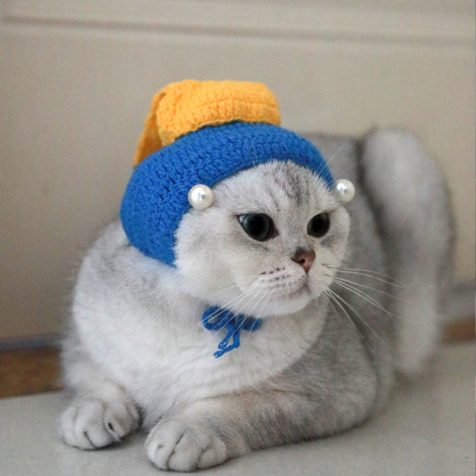 KFX-8814653 Pearl Girl Cat Hat - Handcrafted Pet Costume for Kittens and Adult Cats