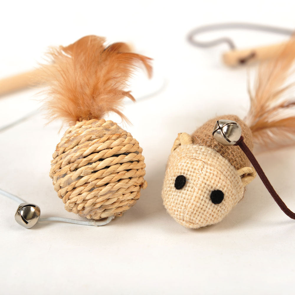 KFX-8820413 Wooden Cat Stick Toy with Mouse, Ball, Fish, Bells, and Feathers