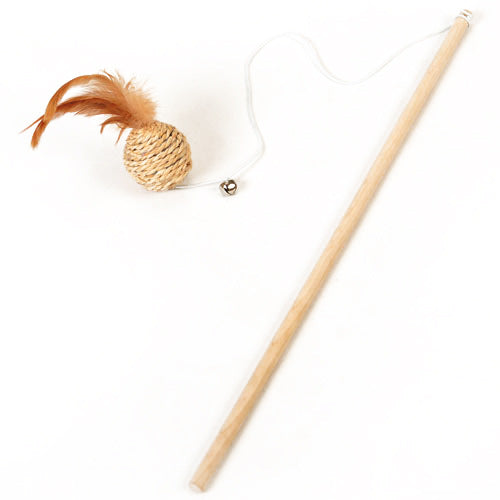 KFX-8820413 Wooden Cat Stick Toy with Mouse, Ball, Fish, Bells, and Feathers