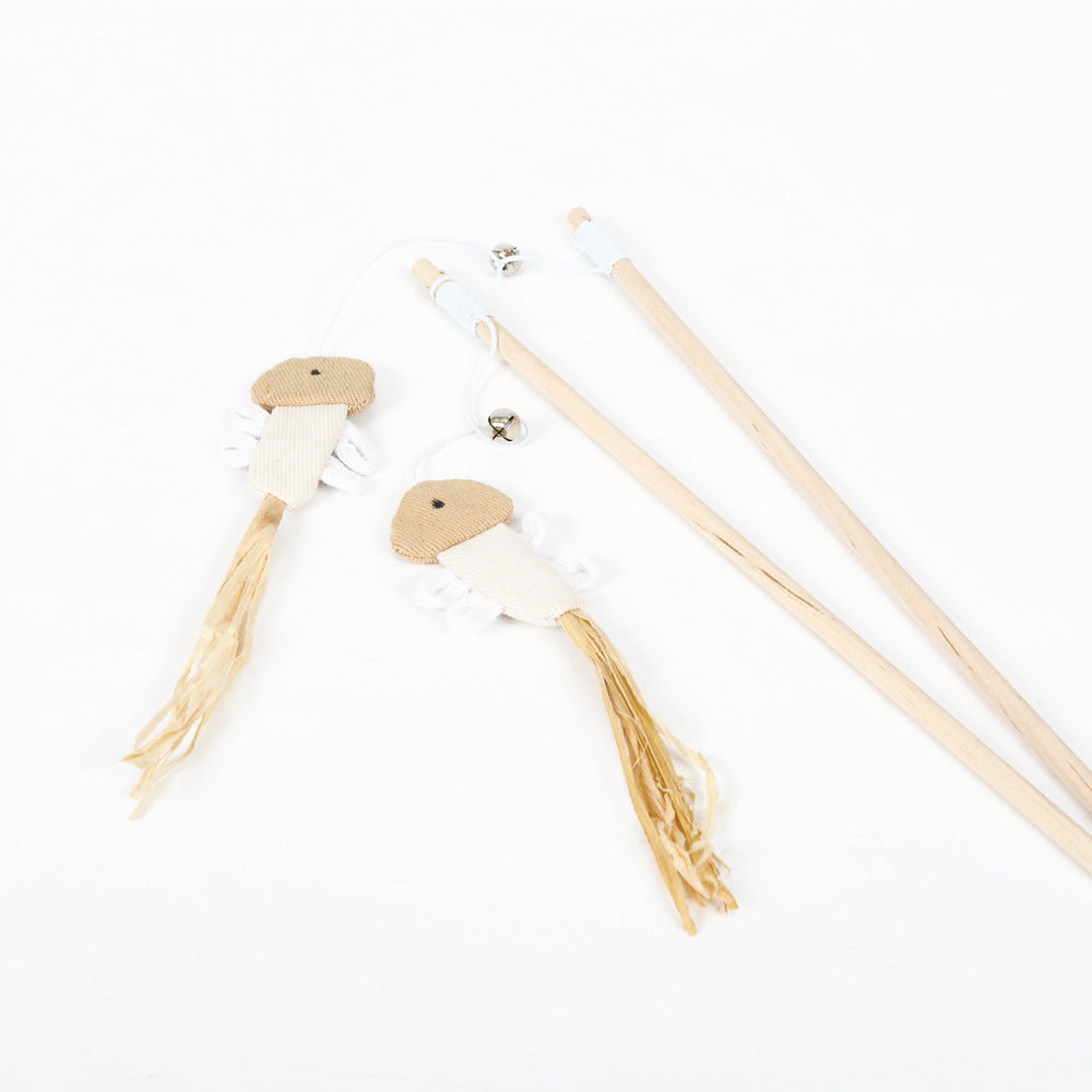 KFX-8820413 Wooden Cat Stick Toy with Mouse, Ball, Fish, Bells, and Feathers