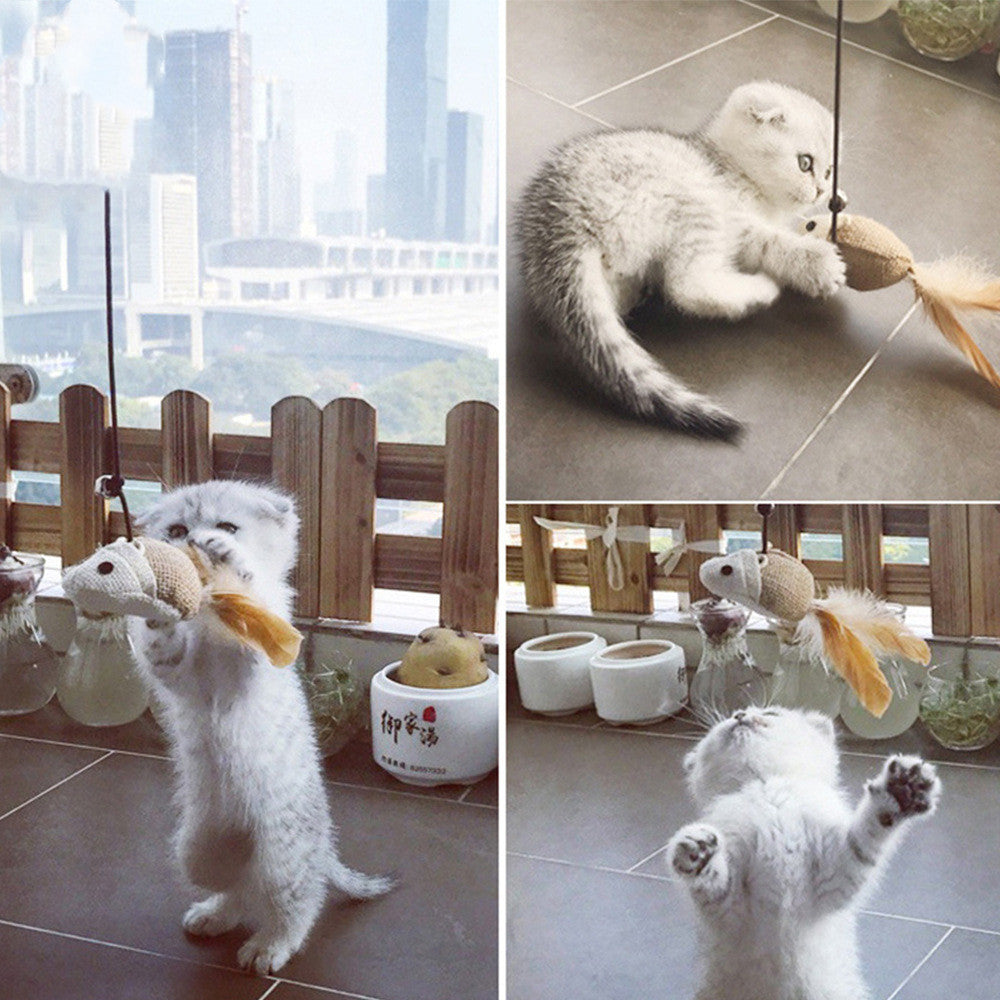 KFX-8820413 Wooden Cat Stick Toy with Mouse, Ball, Fish, Bells, and Feathers