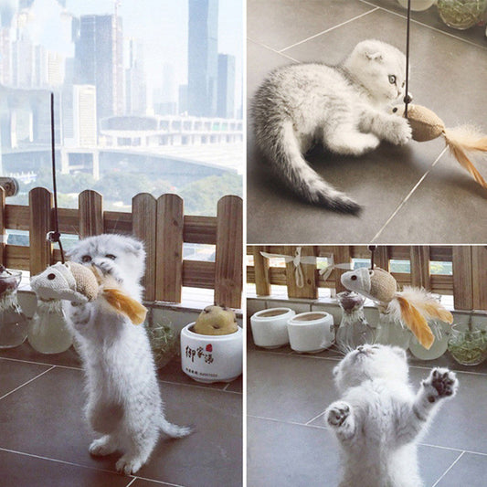 KFX-8820413 Wooden Cat Stick Toy with Mouse, Ball, Fish, Bells, and Feathers