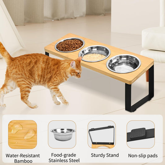 KFX-8821565 Wooden Pet Feeding Rack with Iron Base for Dogs and Cats - Double & Triple Bowl Options