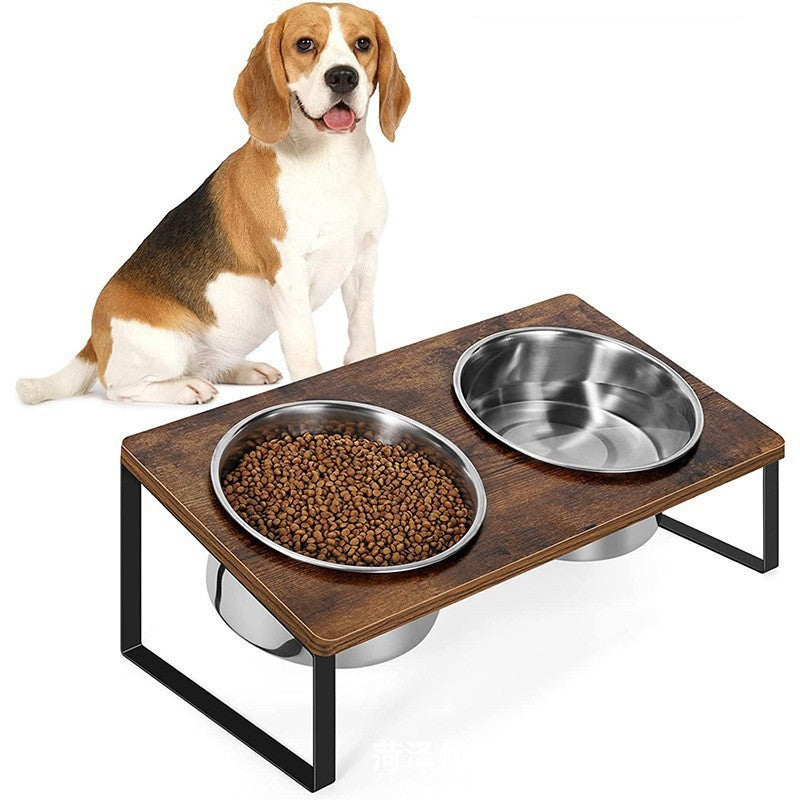 KFX-8821565 Wooden Pet Feeding Rack with Iron Base for Dogs and Cats - Double & Triple Bowl Options