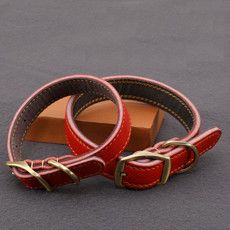 KFX-8825149 First Layer Cowhide Leather Leash Set for Small and Medium Dogs - Reddish Brown Collar and Traction Rope