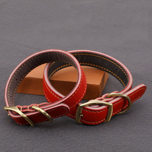 KFX-8825149 First Layer Cowhide Leather Leash Set for Small and Medium Dogs - Reddish Brown Collar and Traction Rope