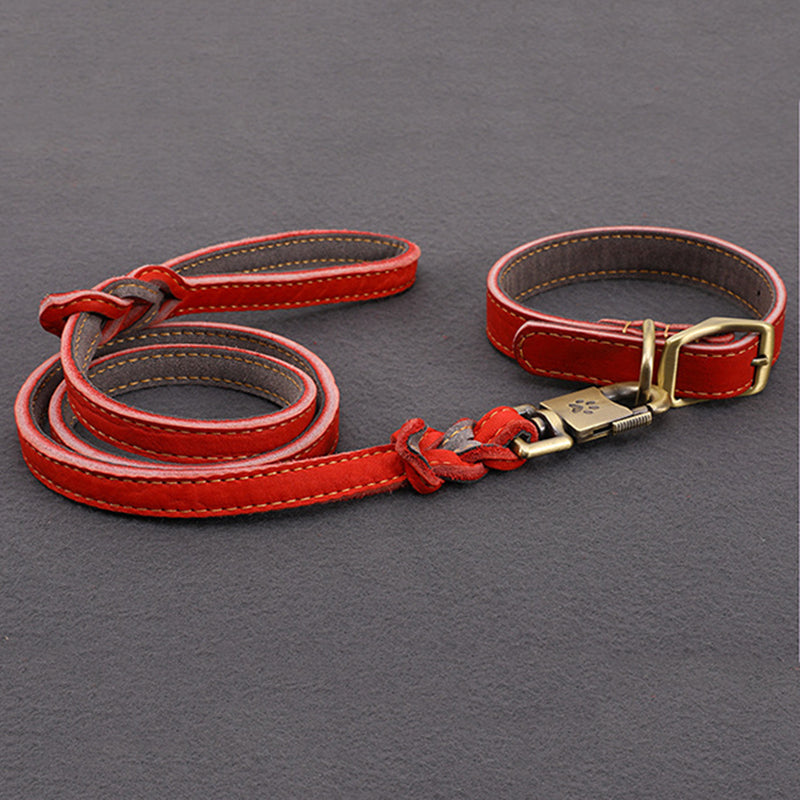 KFX-8825149 First Layer Cowhide Leather Leash Set for Small and Medium Dogs - Reddish Brown Collar and Traction Rope