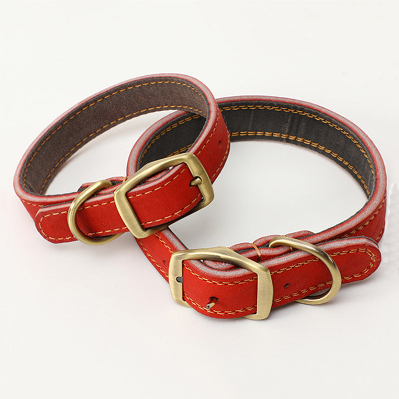 KFX-8825149 First Layer Cowhide Leather Leash Set for Small and Medium Dogs - Reddish Brown Collar and Traction Rope