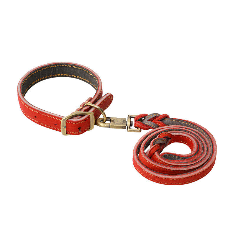 KFX-8825149 First Layer Cowhide Leather Leash Set for Small and Medium Dogs - Reddish Brown Collar and Traction Rope