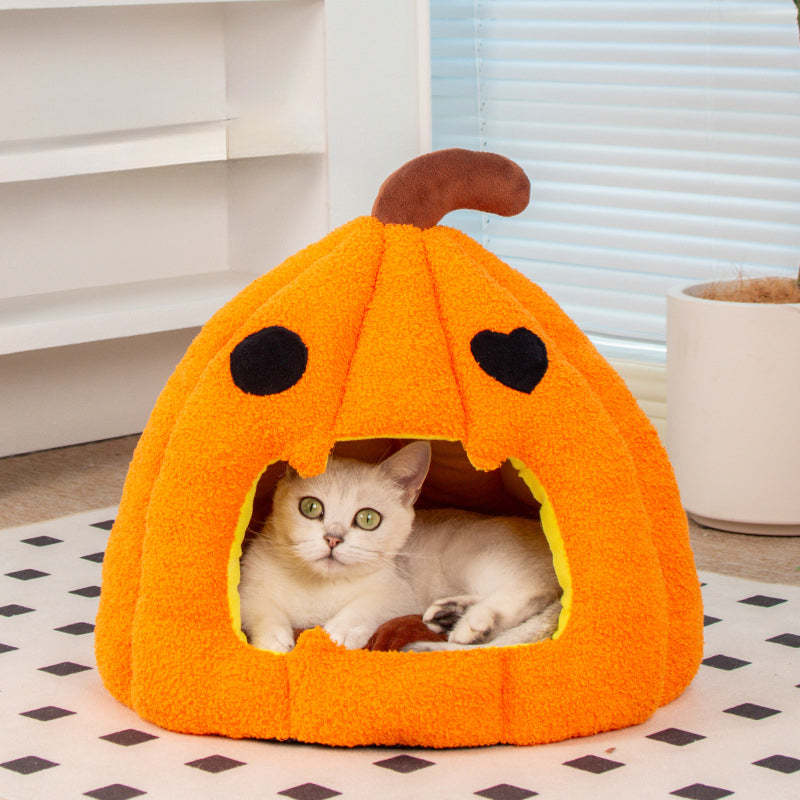 KFX-8825405 Cozy Pumpkin Cat and Dog Bed - Semi-Enclosed Warm Nest for Small Pets