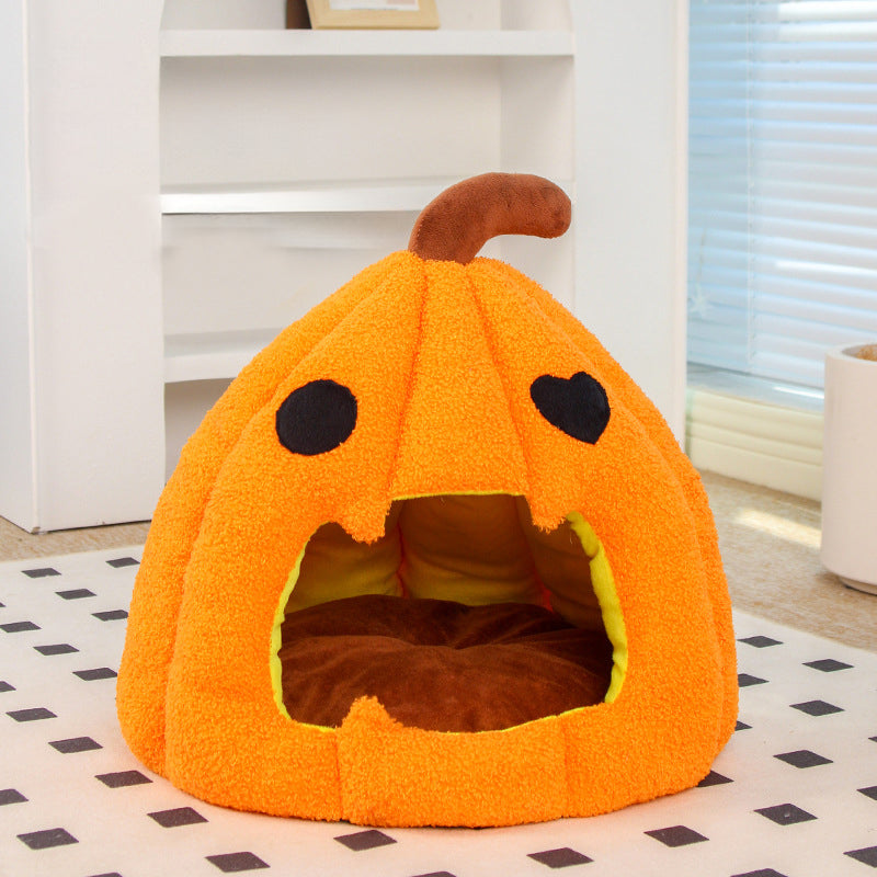 KFX-8825405 Cozy Pumpkin Cat and Dog Bed - Semi-Enclosed Warm Nest for Small Pets