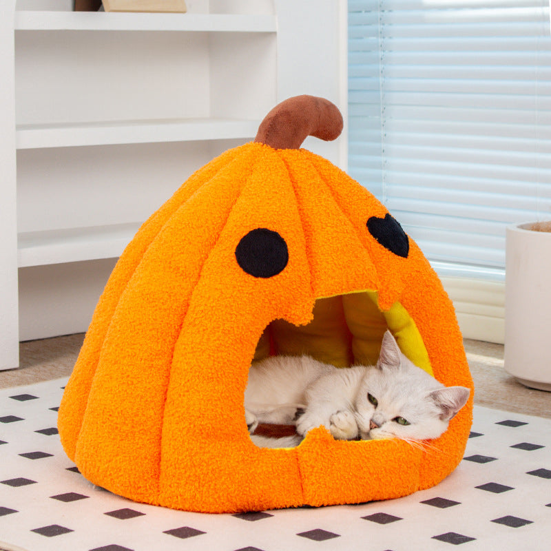KFX-8825405 Cozy Pumpkin Cat and Dog Bed - Semi-Enclosed Warm Nest for Small Pets