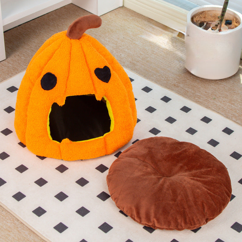KFX-8825405 Cozy Pumpkin Cat and Dog Bed - Semi-Enclosed Warm Nest for Small Pets