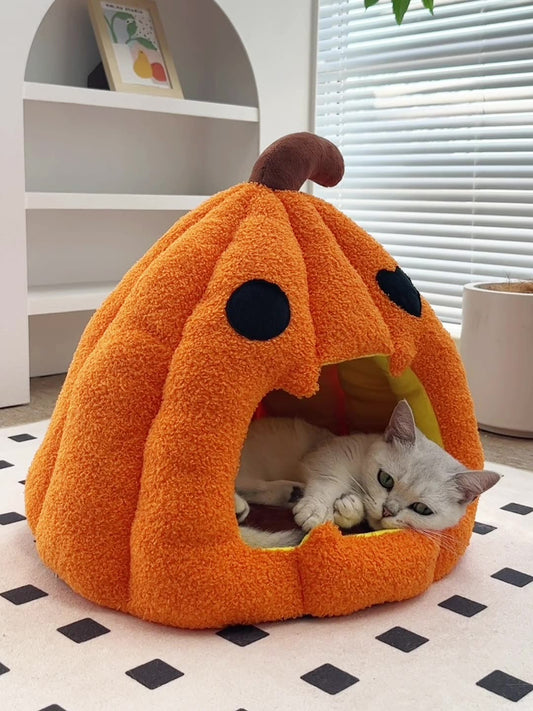 KFX-8825405 Cozy Pumpkin Cat and Dog Bed - Semi-Enclosed Warm Nest for Small Pets