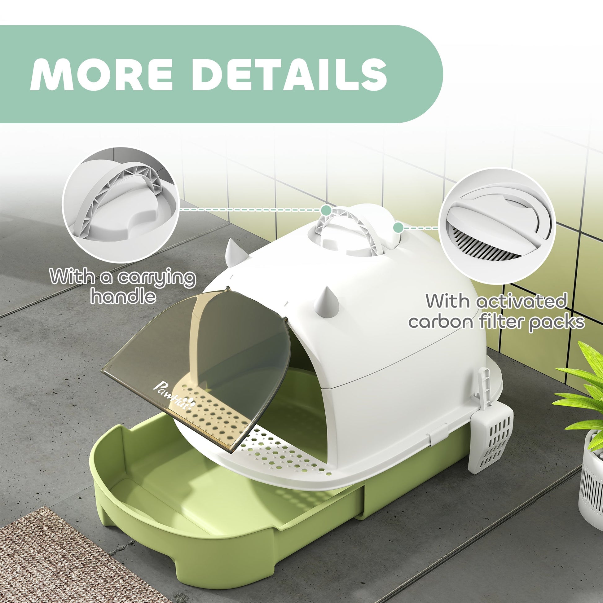 KFX-8826813 Enclosed Cat Litter Box with Translucent Flap, Easy Clean Drawer, Deodorizing Bags, Green