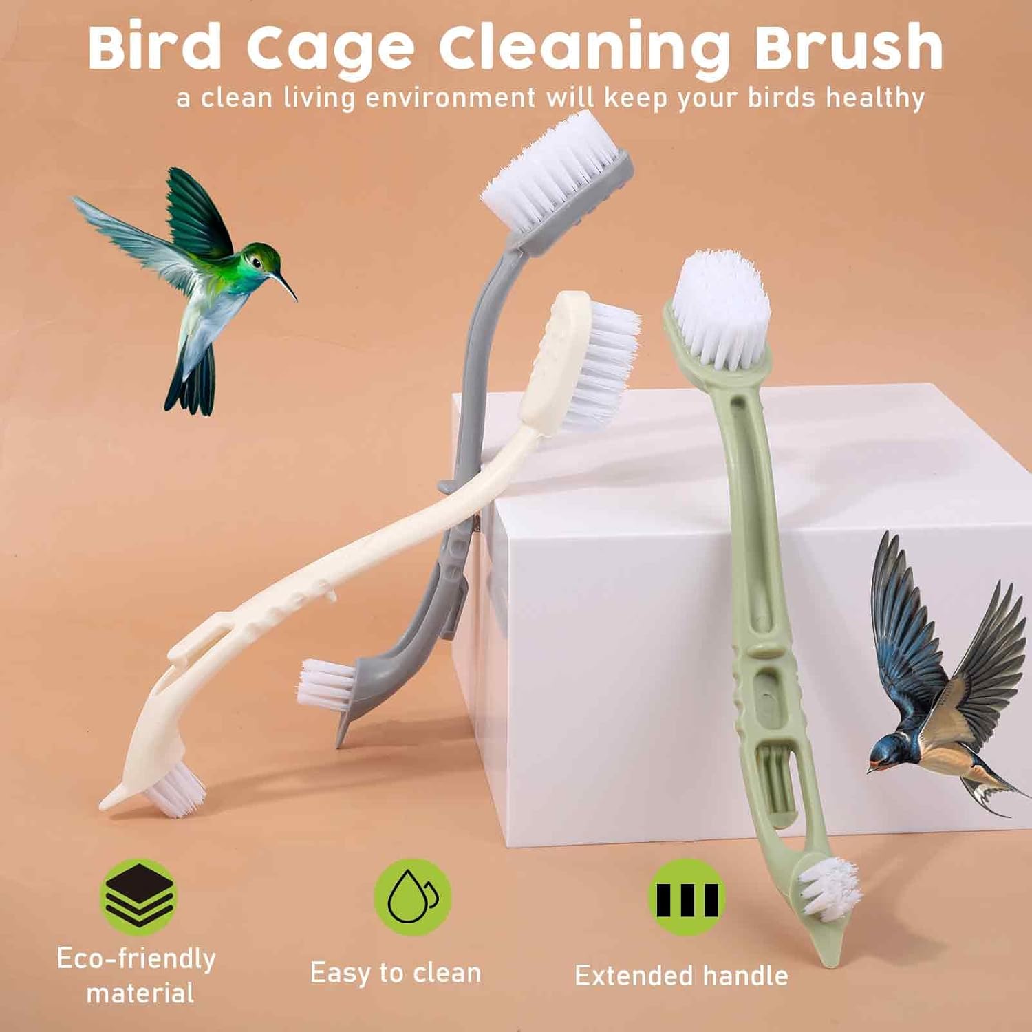 KFX-8826941 Bird Cage Cleaning Tool with Long Handle and Dual Brush Heads - Essential Accessory for Easy Maintenance