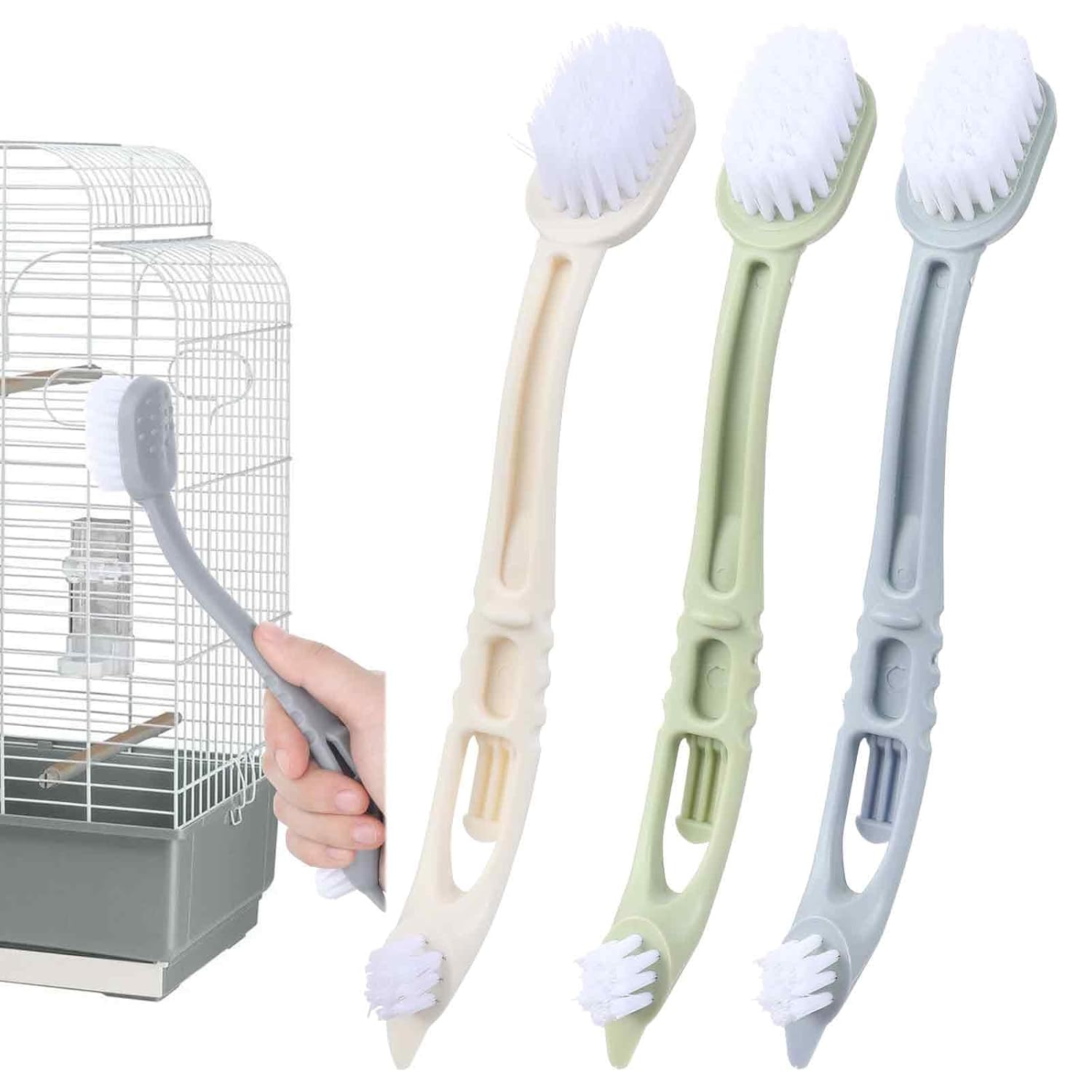 KFX-8826941 Bird Cage Cleaning Tool with Long Handle and Dual Brush Heads - Essential Accessory for Easy Maintenance