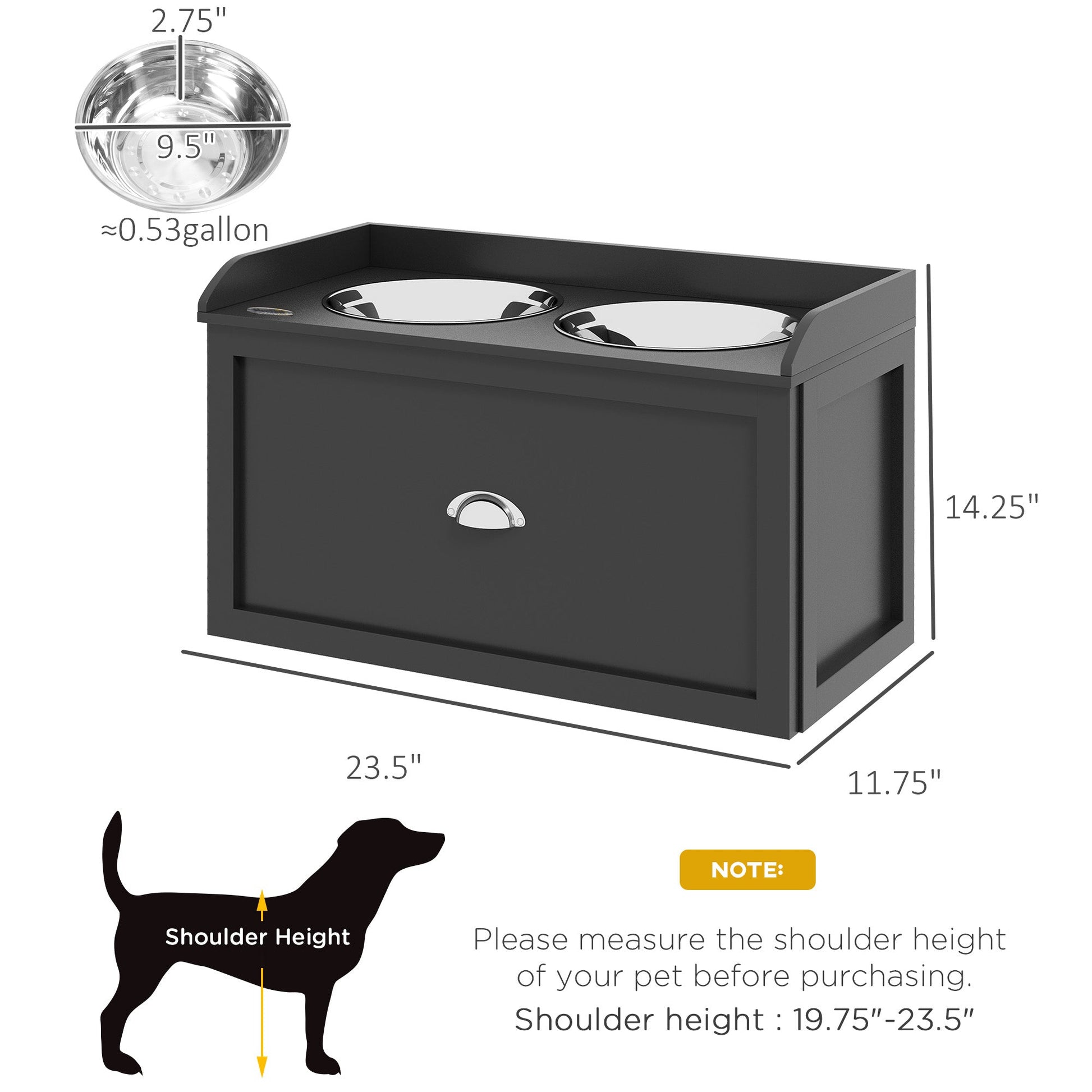 KFX-8827325 Elevated Pet Feeding Station with Storage - 2 Stainless Steel Bowls for Large Dogs, Black