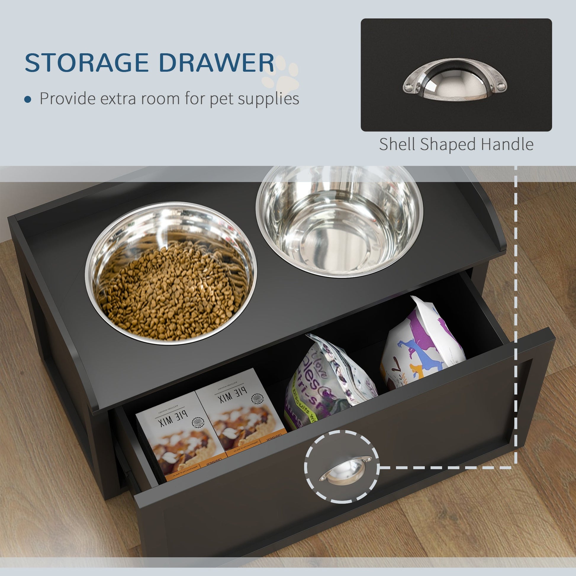 KFX-8827325 Elevated Pet Feeding Station with Storage - 2 Stainless Steel Bowls for Large Dogs, Black